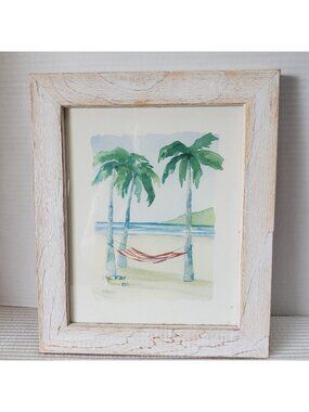 M. Saylor Palm Trees Beach Water Colour Print 12×10" Vintage Melissa Babcock